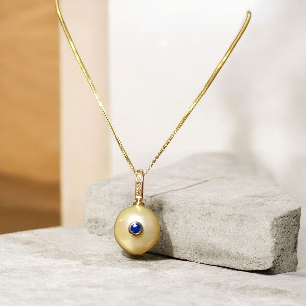 15mm South Sea Pearl with Blue Sapphire  Accent Pendant